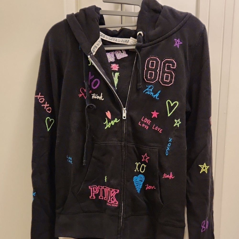 NWOT PINK Victoria's Secret Black Hoodie with Colorful Embroidery